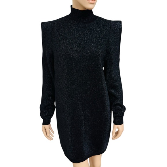 Zara Black Turtleneck Shoulder-Pad Sweater Metalic Long Sleeve Mini Dress - Picture 4 of 13